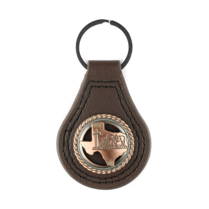 Brown Leather Keychain Texas Map Copper Kneeling Cowboy Cross Horse Concho 3.5"