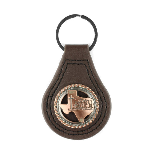 Brown Leather Keychain Texas Map Copper Kneeling Cowboy Cross Horse Concho 3.5"