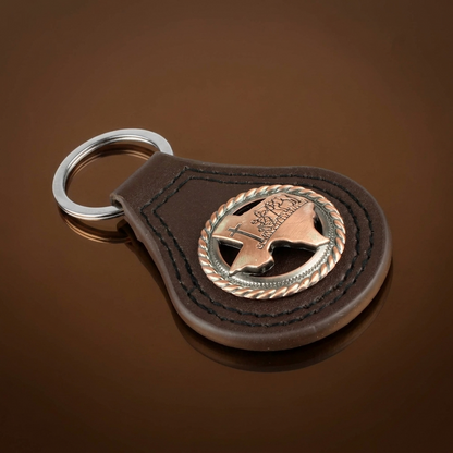 Brown Leather Keychain Texas Map Copper Kneeling Cowboy Cross Horse Concho 3.5"