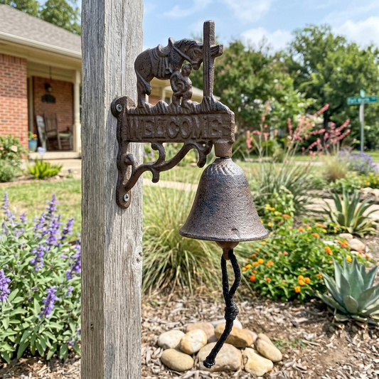 Small Welcome Dinner Bell Cast Iron Cowboy Kneeling Cross Horse Rustic Brown