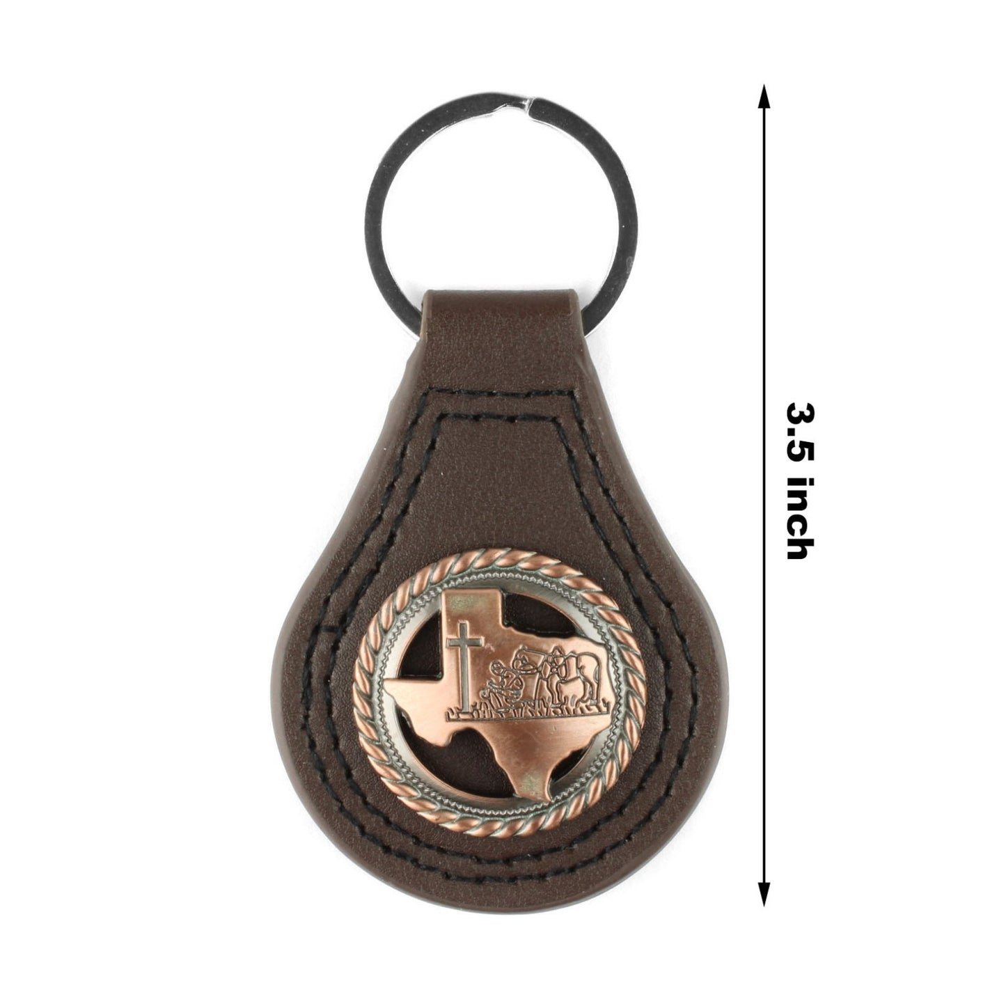 Brown Leather Keychain Texas Map Copper Kneeling Cowboy Cross Horse Concho 3.5"