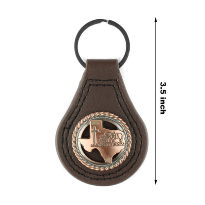 Brown Leather Keychain Texas Map Copper Kneeling Cowboy Cross Horse Concho 3.5"