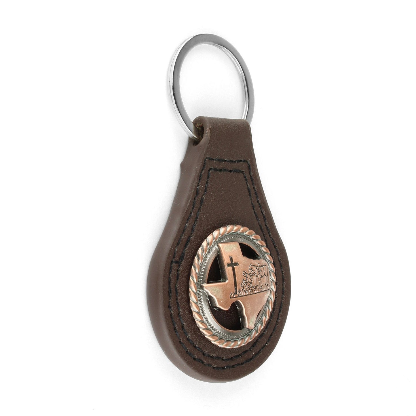 Brown Leather Keychain Texas Map Copper Kneeling Cowboy Cross Horse Concho 3.5"