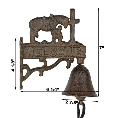 Small Welcome Dinner Bell Cast Iron Cowboy Kneeling Cross Horse Rustic Brown