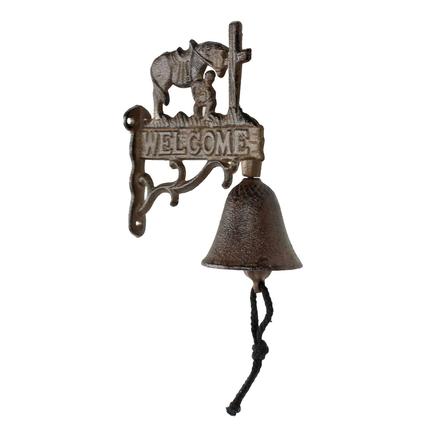Small Welcome Dinner Bell Cast Iron Cowboy Kneeling Cross Horse Rustic Brown