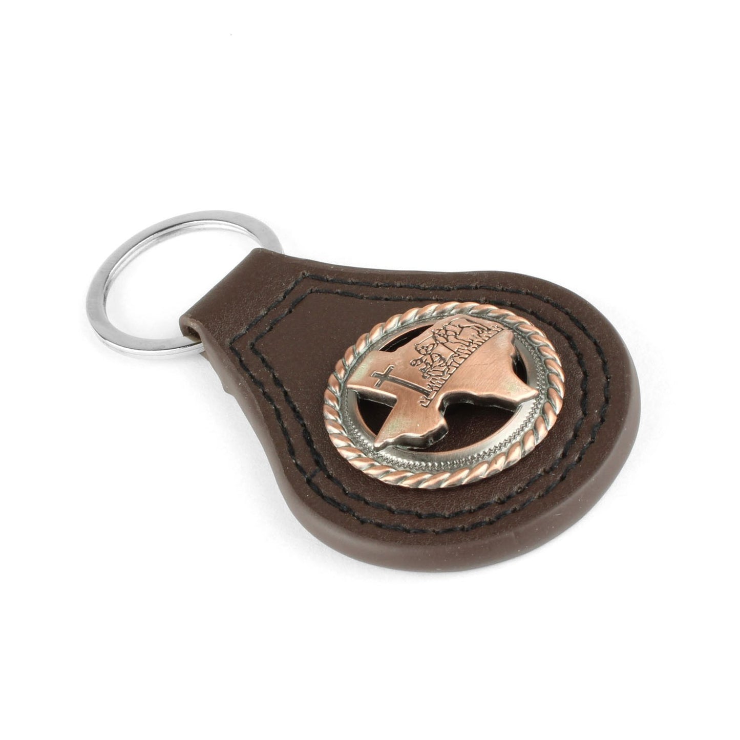 Brown Leather Keychain Texas Map Copper Kneeling Cowboy Cross Horse Concho 3.5"