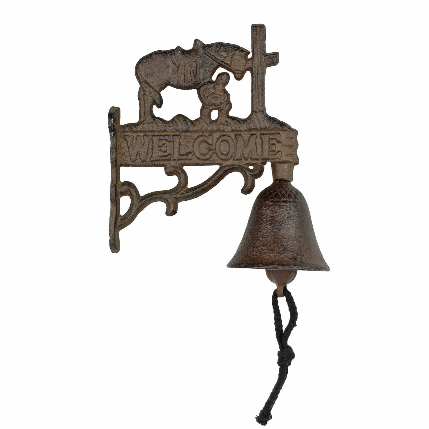 Small Welcome Dinner Bell Cast Iron Cowboy Kneeling Cross Horse Rustic Brown