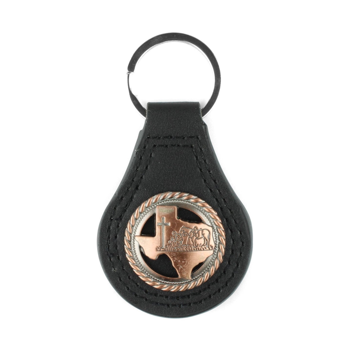 Black Leather Keychain Texas Map Copper Kneeling Cowboy Cross Horse Concho 3.5"
