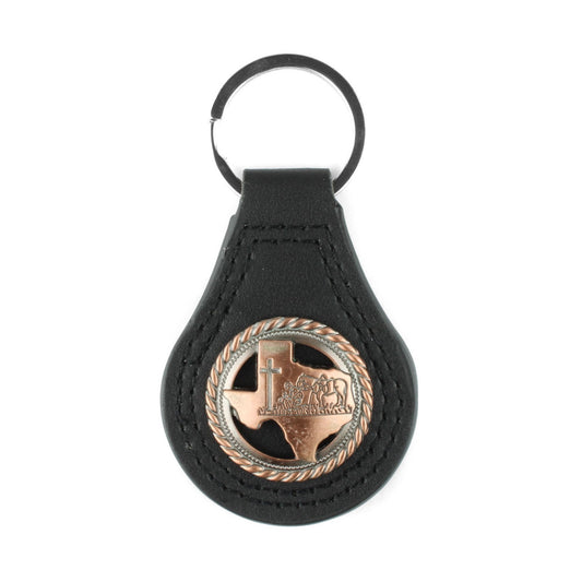 Black Leather Keychain Texas Map Copper Kneeling Cowboy Cross Horse Concho 3.5"