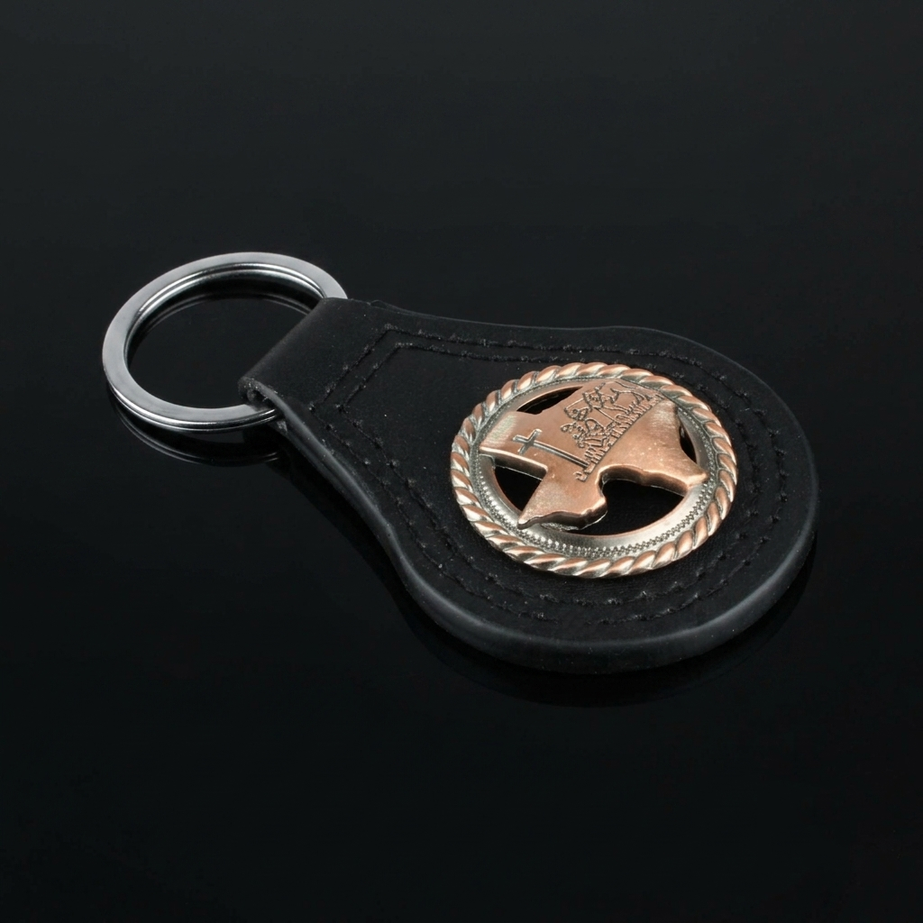 Black Leather Keychain Texas Map Copper Kneeling Cowboy Cross Horse Concho 3.5"