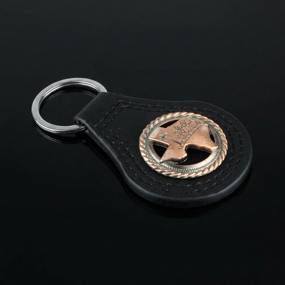 Black Leather Keychain Texas Map Copper Kneeling Cowboy Cross Horse Concho 3.5"