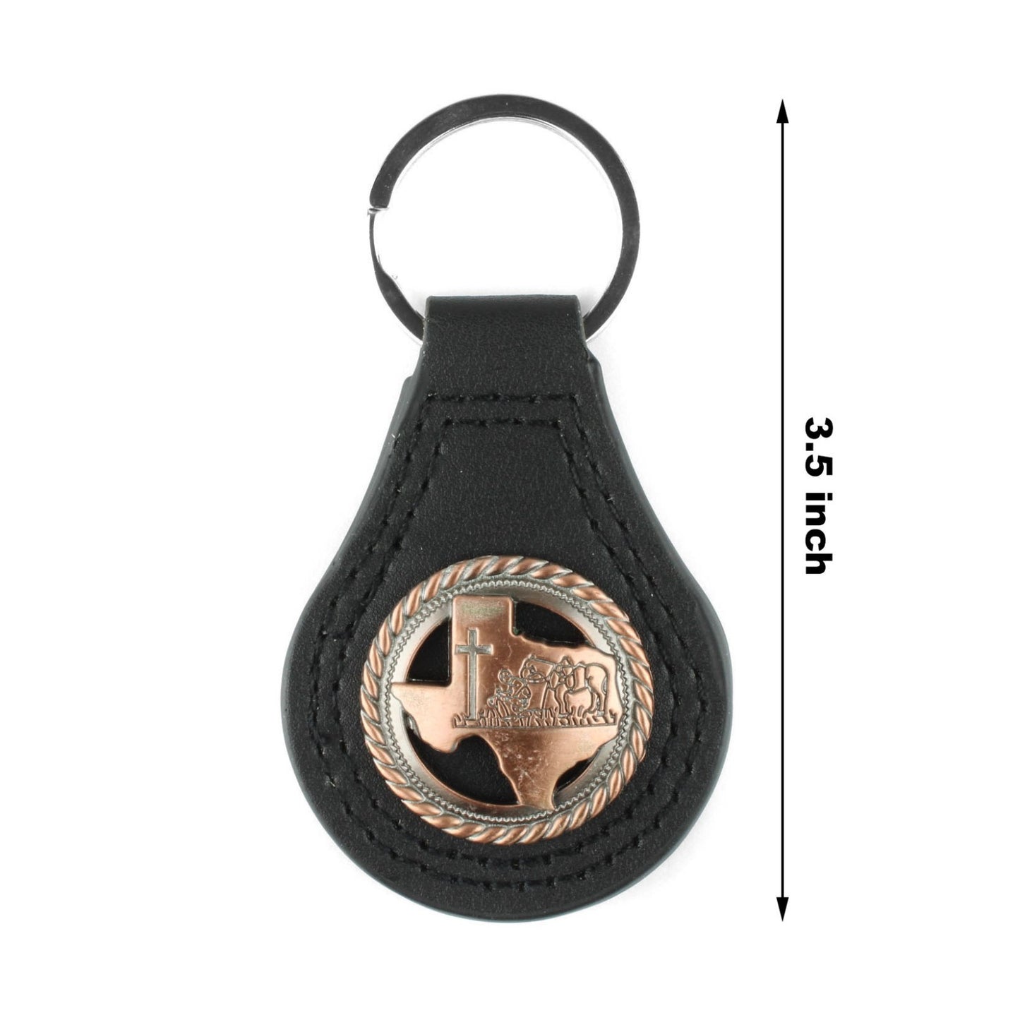 Black Leather Keychain Texas Map Copper Kneeling Cowboy Cross Horse Concho 3.5"