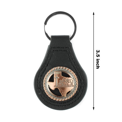 Black Leather Keychain Texas Map Copper Kneeling Cowboy Cross Horse Concho 3.5"