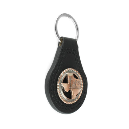 Black Leather Keychain Texas Map Copper Kneeling Cowboy Cross Horse Concho 3.5"