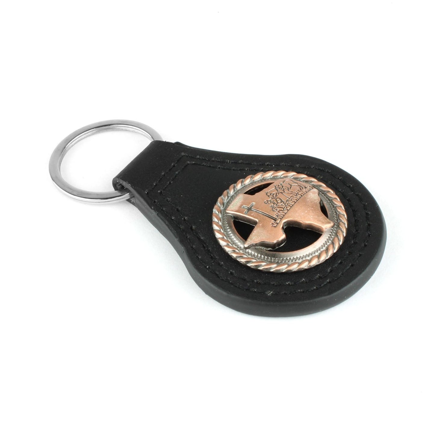 Black Leather Keychain Texas Map Copper Kneeling Cowboy Cross Horse Concho 3.5"