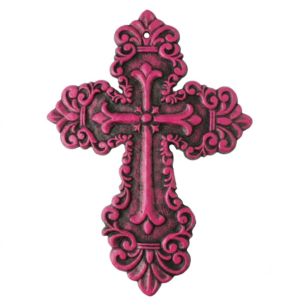 Rustic Pink Cast Iron Wall Cross Fleur De Lis Layered Floral Design 11 x 8 inch