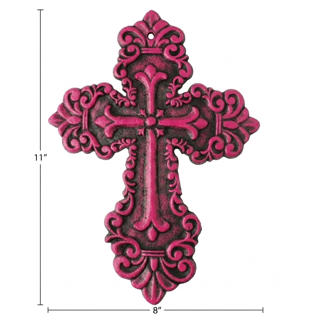 Rustic Pink Cast Iron Wall Cross Fleur De Lis Layered Floral Design 11 x 8 inch