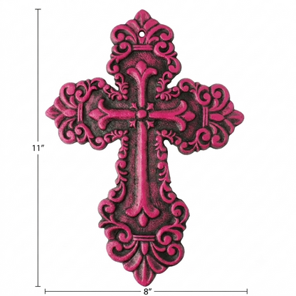 Rustic Pink Cast Iron Wall Cross Fleur De Lis Layered Floral Design 11 x 8 inch