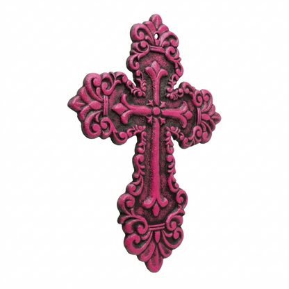 Rustic Pink Cast Iron Wall Cross Fleur De Lis Layered Floral Design 11 x 8 inch