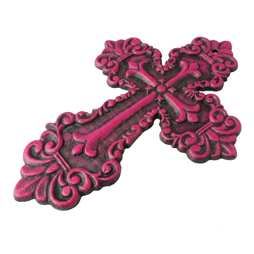 Rustic Pink Cast Iron Wall Cross Fleur De Lis Layered Floral Design 11 x 8 inch