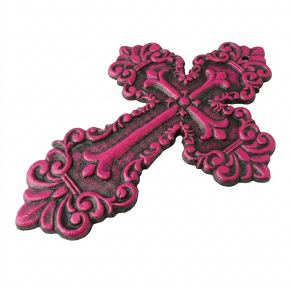 Rustic Pink Cast Iron Wall Cross Fleur De Lis Layered Floral Design 11 x 8 inch