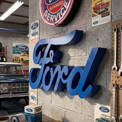 Large Recycled Metal Cursive Blue Ford Logo Garage Wall Decor Sign 22 in