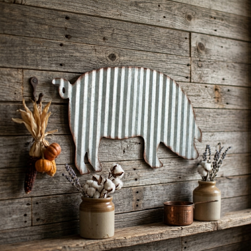 Corrugated Metal Pig Silhouette Wall Decor Lightweight Farmhouse Sign 10.5 in