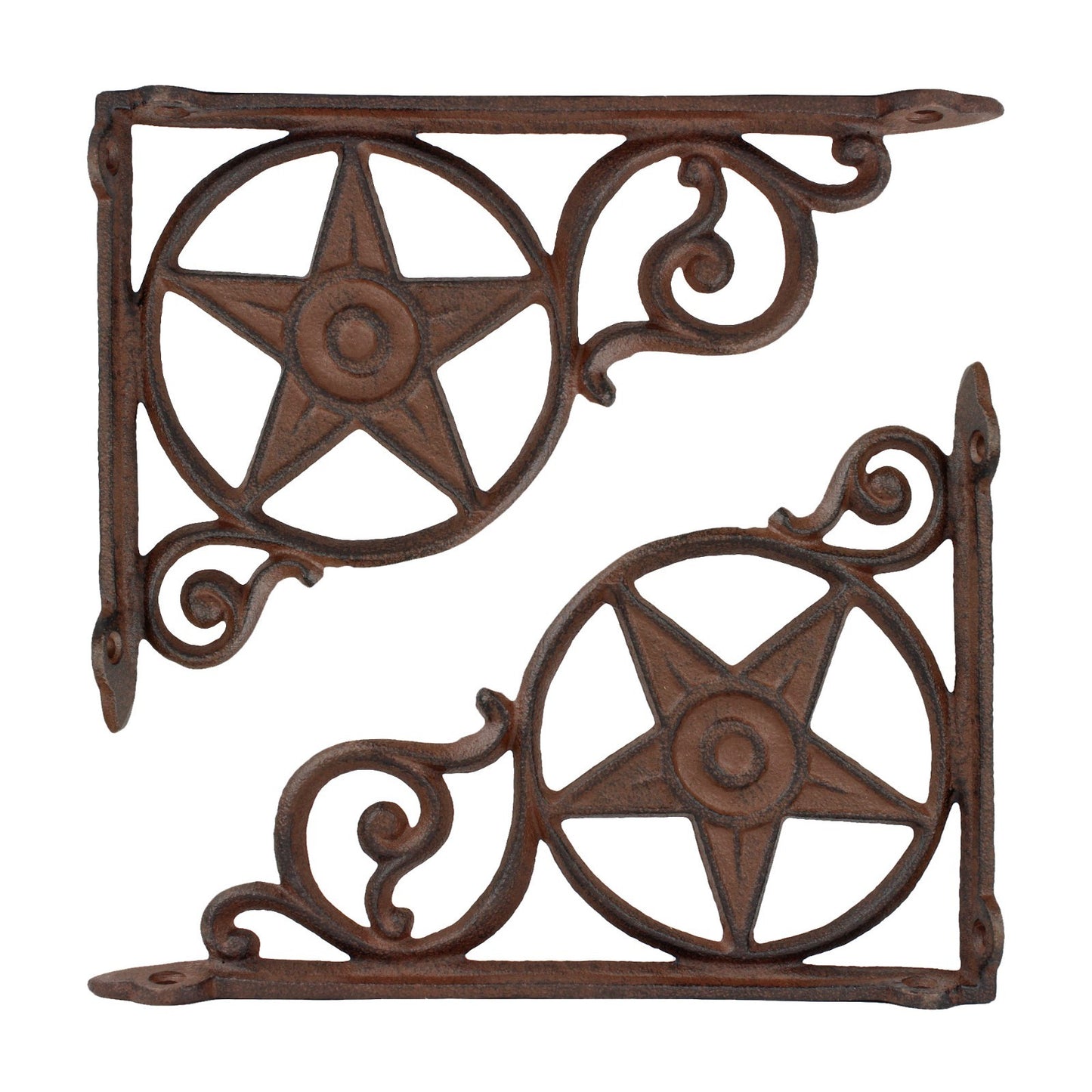 2 Cast Iron Star Scrolls Shelf Brackets Corner Brace Rustic Brown 8 3/4 inch