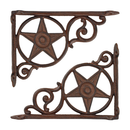 2 Cast Iron Star Scrolls Shelf Brackets Corner Brace Rustic Brown 8 3/4 inch