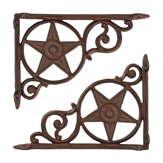 2 Cast Iron Star Scrolls Shelf Brackets Corner Brace Rustic Brown 8 3/4 inch