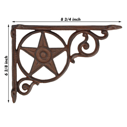 2 Cast Iron Star Scrolls Shelf Brackets Corner Brace Rustic Brown 8 3/4 inch