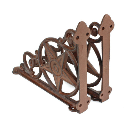 2 Cast Iron Star Scrolls Shelf Brackets Corner Brace Rustic Brown 8 3/4 inch