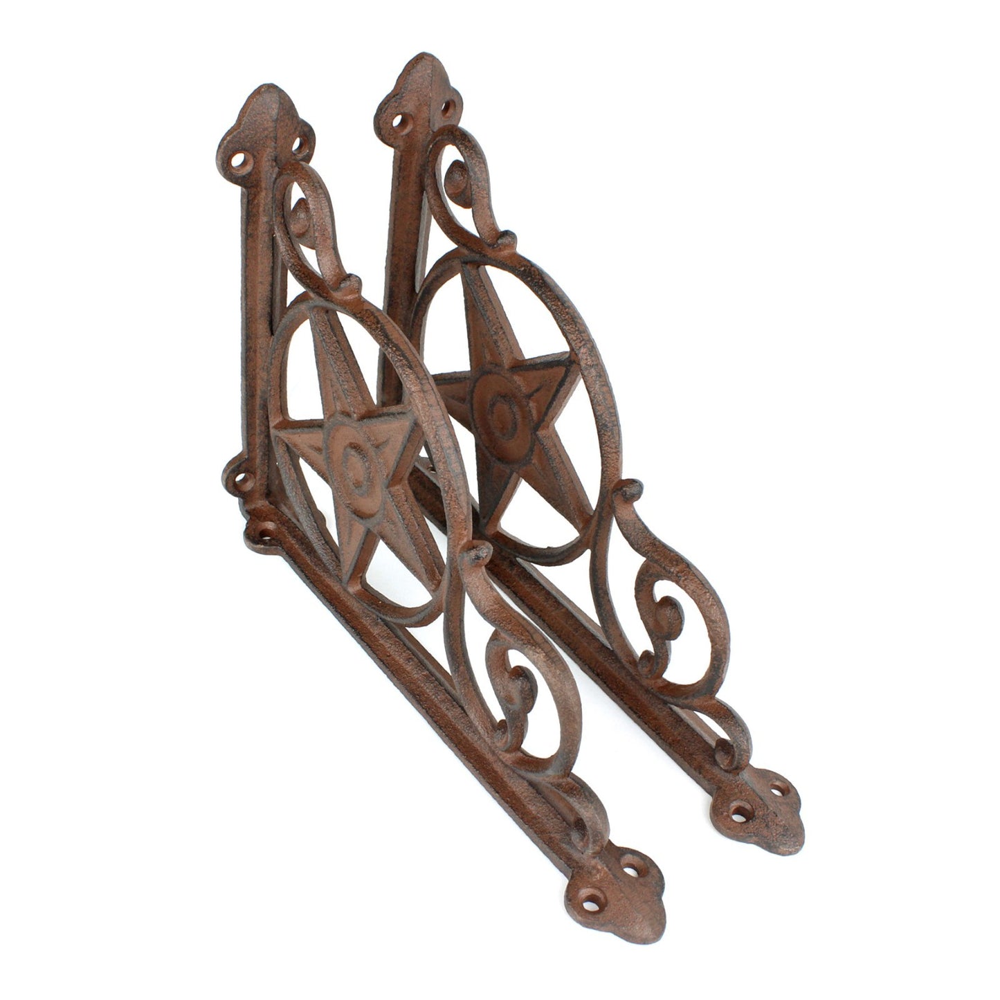 2 Cast Iron Star Scrolls Shelf Brackets Corner Brace Rustic Brown 8 3/4 inch