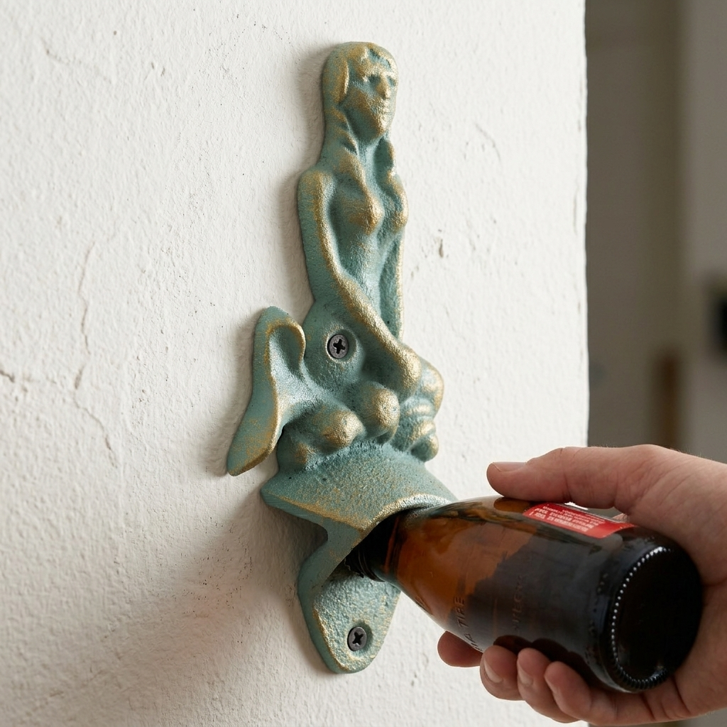 Cast Iron Mermaid Beer Bottle Opener Wall Mounted Verdigris Nautical Bar Decor