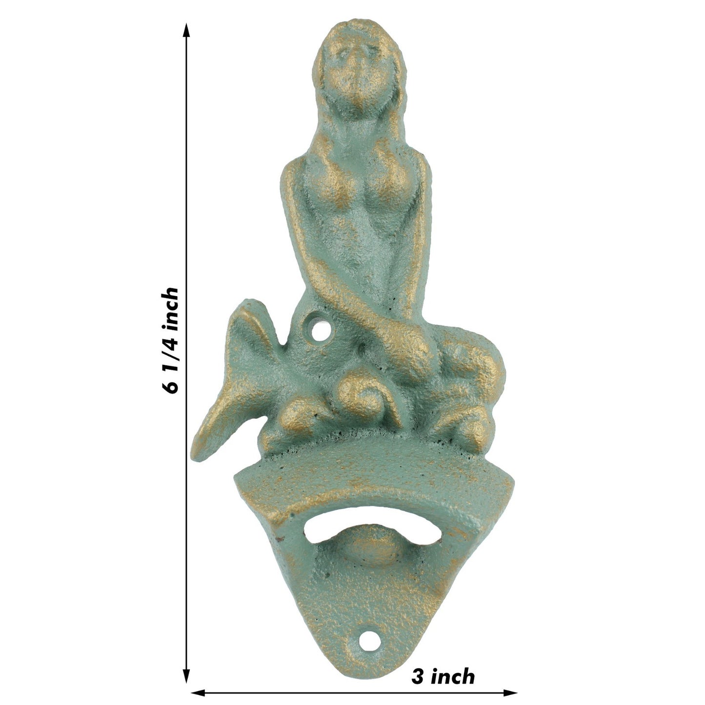 Cast Iron Mermaid Beer Bottle Opener Wall Mounted Verdigris Nautical Bar Decor