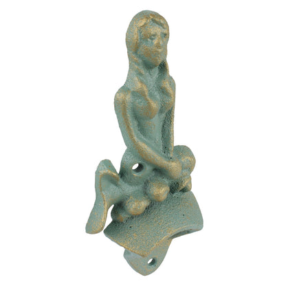 Cast Iron Mermaid Beer Bottle Opener Wall Mounted Verdigris Nautical Bar Decor