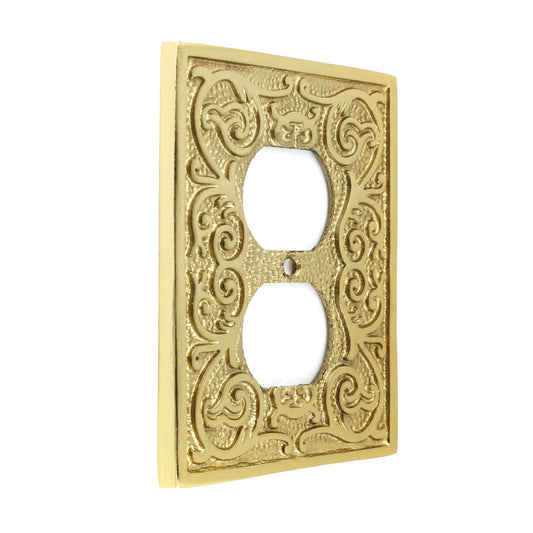 Polished Brass Golden Metal Ornate Floral Duplex Outlet Plug Wall Plate Cover