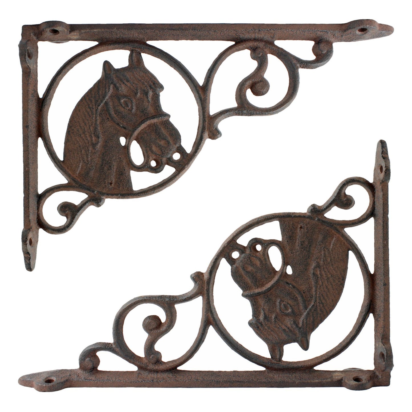 2 Cast Iron Horse Scrolls Shelf Brackets Corner Brace Rustic Brown 8 3/4 inch