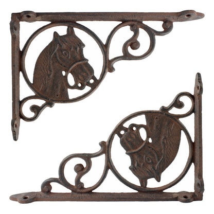 2 Cast Iron Horse Scrolls Shelf Brackets Corner Brace Rustic Brown 8 3/4 inch