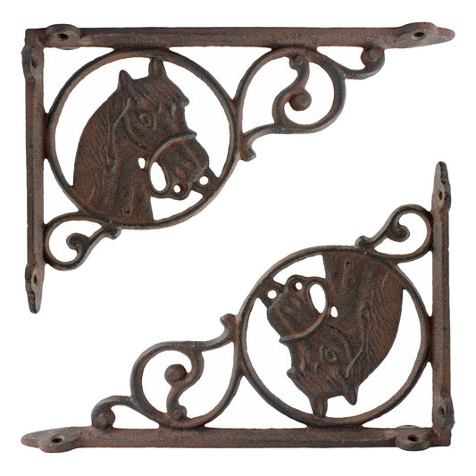 2 Cast Iron Horse Scrolls Shelf Brackets Corner Brace Rustic Brown 8 3/4 inch
