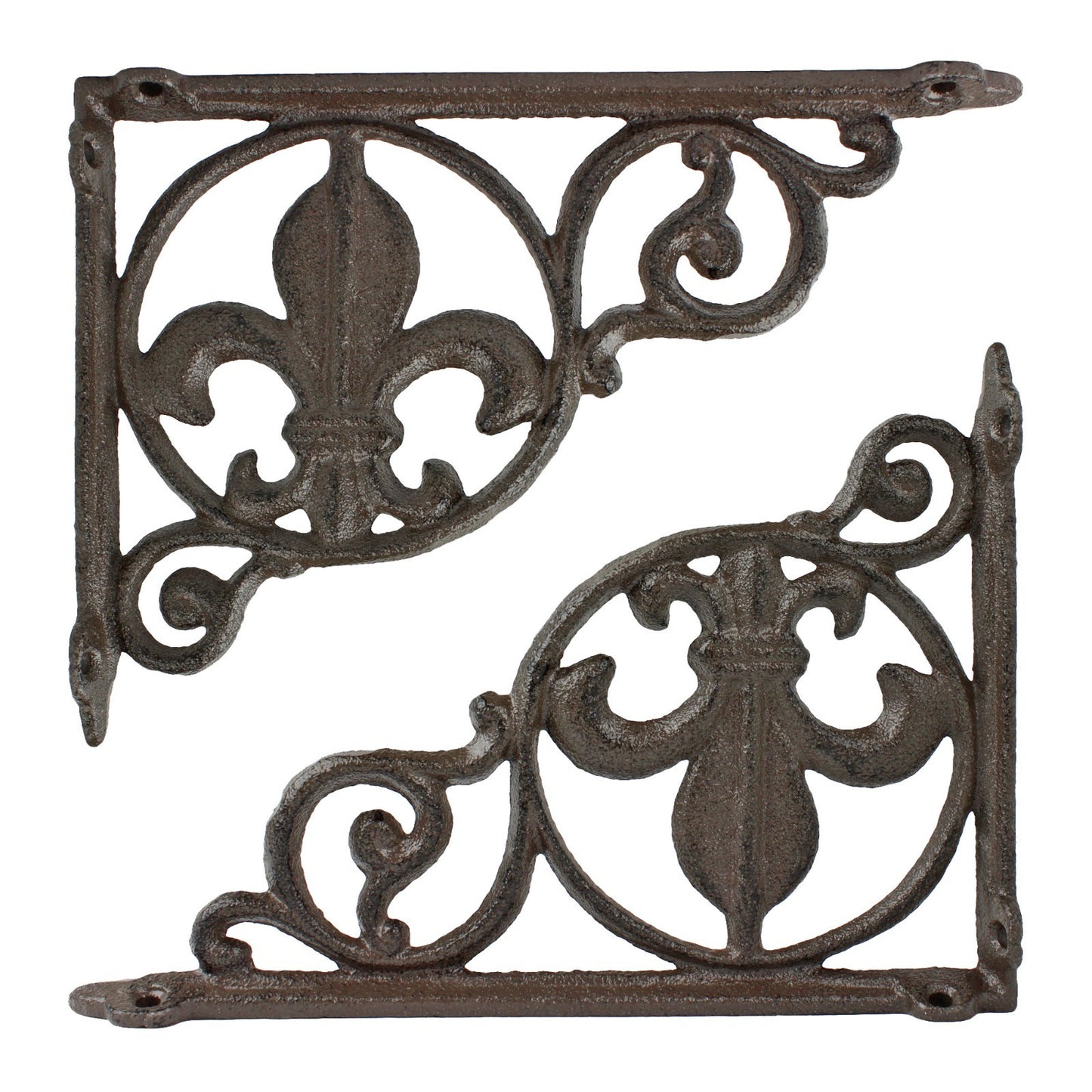 2 Cast Iron Fleur De Lis Scrolls Shelf Brackets Corner Brace Brown 8 1/2 inch