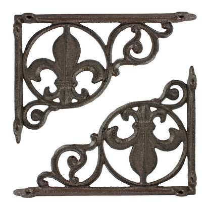 2 Cast Iron Fleur De Lis Scrolls Shelf Brackets Corner Brace Brown 8 1/2 inch