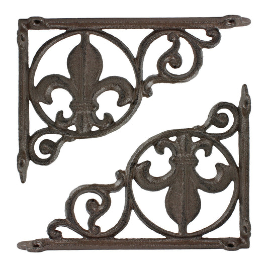 2 Cast Iron Fleur De Lis Scrolls Shelf Brackets Corner Brace Brown 8 1/2 inch