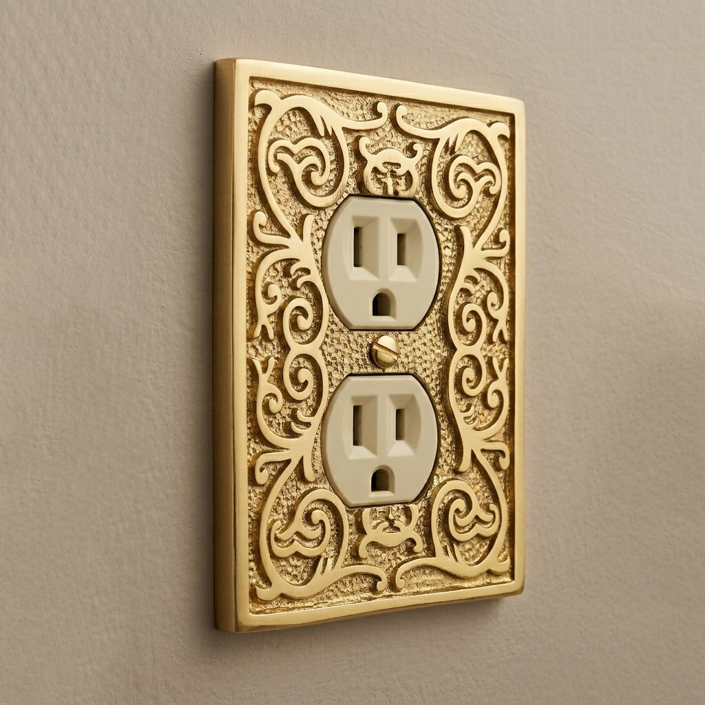 Polished Brass Golden Metal Ornate Floral Duplex Outlet Plug Wall Plate Cover