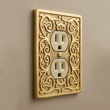 Polished Brass Golden Metal Ornate Floral Duplex Outlet Plug Wall Plate Cover