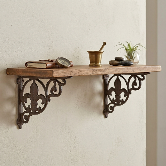 2 Cast Iron Fleur De Lis Scrolls Shelf Brackets Corner Brace Brown 8 1/2 inch