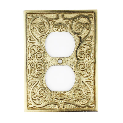 Polished Brass Golden Metal Ornate Floral Duplex Outlet Plug Wall Plate Cover