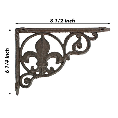 2 Cast Iron Fleur De Lis Scrolls Shelf Brackets Corner Brace Brown 8 1/2 inch