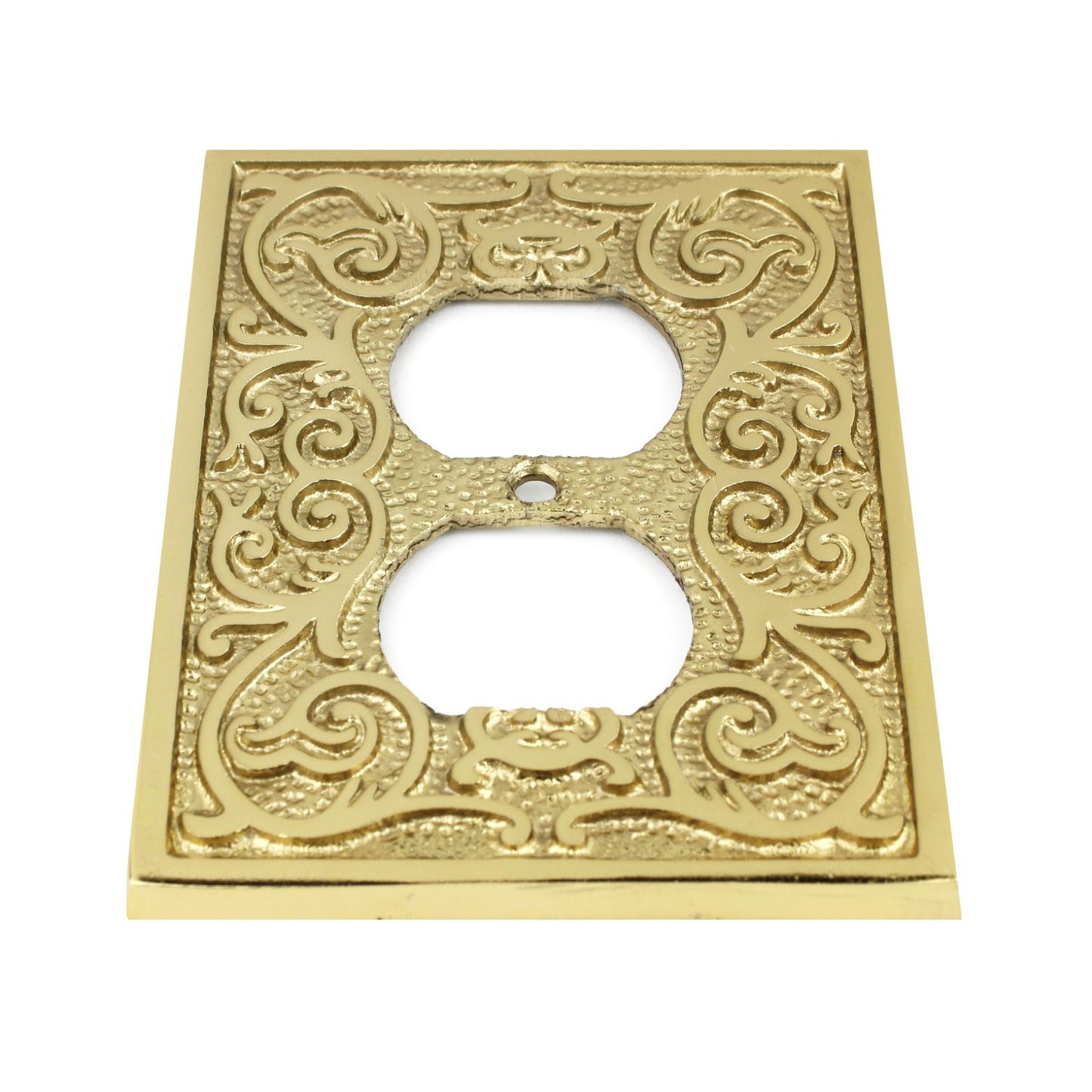 Polished Brass Golden Metal Ornate Floral Duplex Outlet Plug Wall Plate Cover
