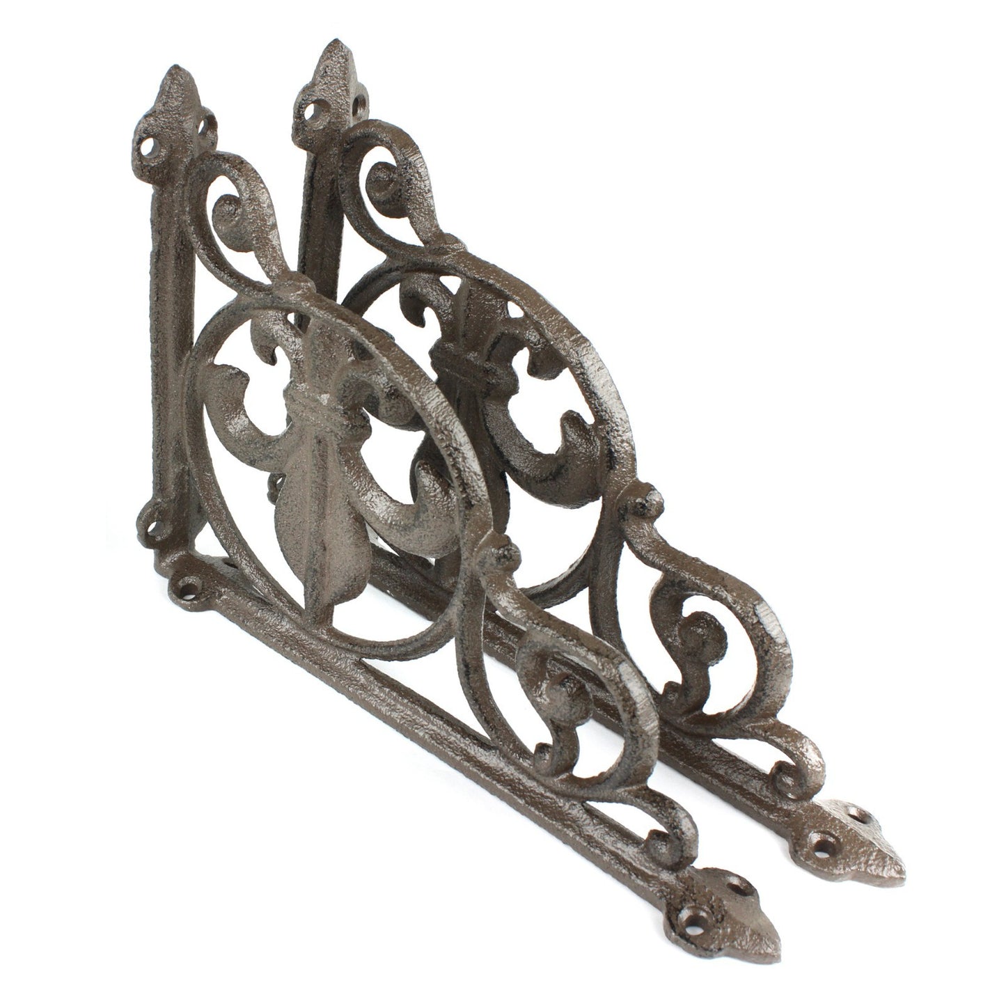 2 Cast Iron Fleur De Lis Scrolls Shelf Brackets Corner Brace Brown 8 1/2 inch